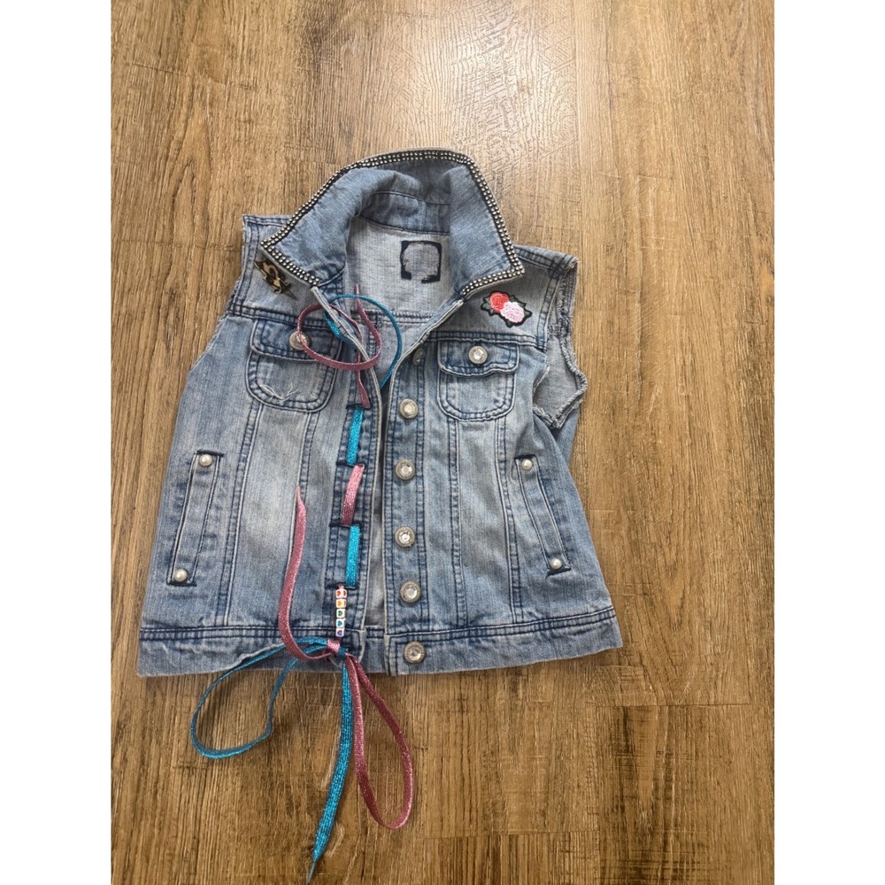Highway Jeans Embellished Denim Vest Light Wash Rhinestone Pearl Floral Size M